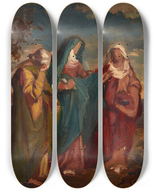Triptych art skateboard deck of Jzef Simmler Sketch To The Painting Three Marys Walking To Christs Tomb_2 by Jozef Simmler (1823-1868)