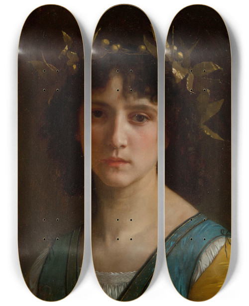 Triptych art skateboard deck of William Bouguereau Tte Ditalienne Avec Une Couronne De Laurier Head Of An Italian Girl With A Laurel Wreath by William Bouguereau (1825-1905)