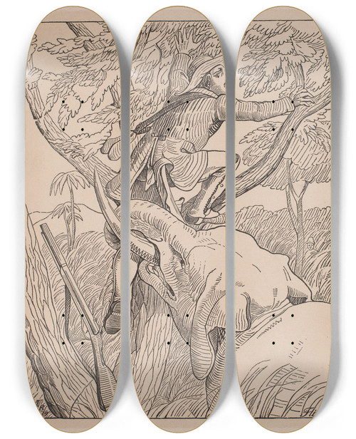 Triptych art skateboard deck of Andreas Flinch En Jagtscene I Indiens Store Vestlige Skove by Andreas Flinch (1813-1872)