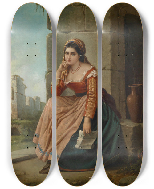 Triptych art skateboard deck of Augusto Tominz The Letter by Augusto Tominz (1818-1883)