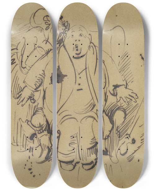 Triptych art skateboard deck of Wilhelm Busch Frau Knopp Flstert Ihrem Mann Etwas Ihn Berraschendes Ins Ohr by Wilhelm Busch (1832-1908)