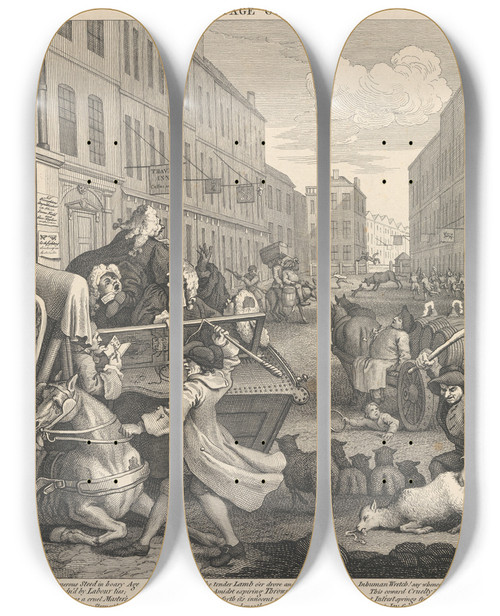 Triptych art skateboard deck of William Hogarth The Second Stage Of Cruelty Second Coachman Beating A Fallen Horse by William Hogarth (1697-1764)