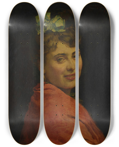 Triptych art skateboard deck of Raimundo De Madrazo Y Garreta A Portait Of A Lady With A Red Shawl by Raimundo De Madrazo Y Garreta (1841-1920)