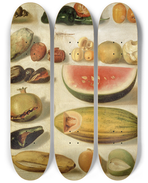 Triptych art skateboard deck of Hermenegildo Bustos Still Life With Fruit With Scorpion And Frog by Hermenegildo Bustos (1832-1907)