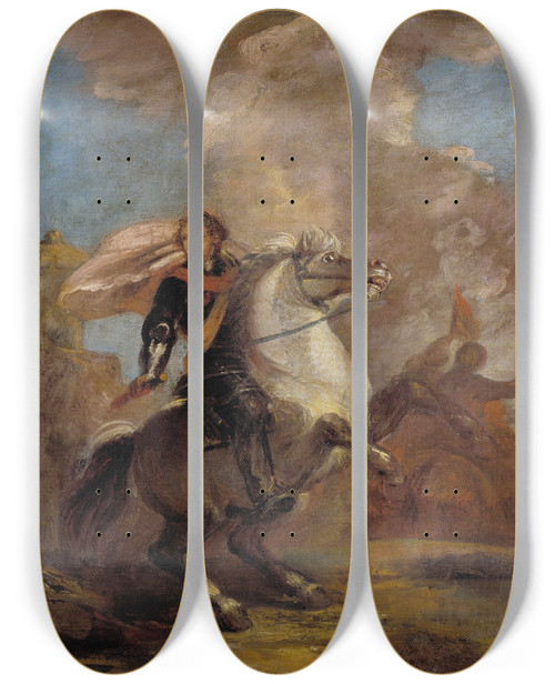 Triptych art skateboard deck of Sir Joshua Reynolds An Officer On Horseback by Sir Joshua Reynolds (1723-1792)