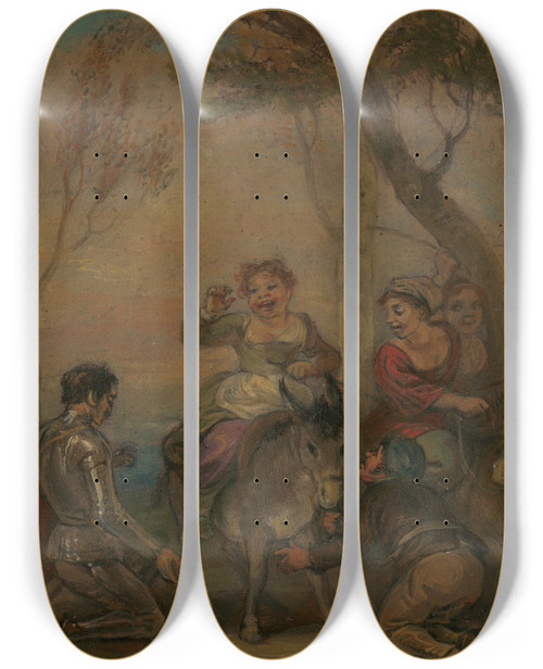 Triptych art skateboard deck of Robert Smirke Illustration For Don Quixote With Figures On A Donkey by Robert Smirke (1752-1845)