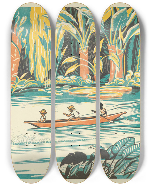 Triptych art skateboard deck of Clifford Webb A Jungle Picnic Pl15 by Clifford Webb (1894-1972)