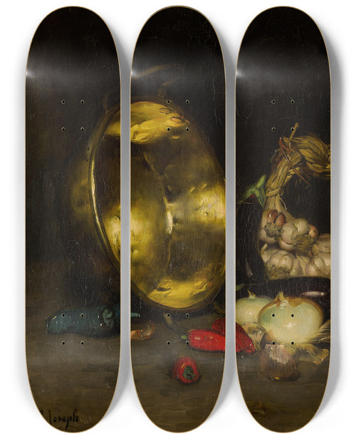 Triptych art skateboard deck of Joseph Bail A Copper Cauldron Garlic And Onions by Joseph Bail (1862-1921)