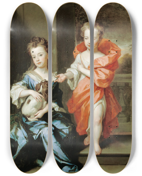 Triptych art skateboard deck of Sir Godfrey Kneller The Howard Children by Sir Godfrey Kneller (1646-1723)