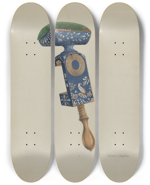 Triptych art skateboard deck of Grace Halpin Table Pin Cushion by Grace Halpin