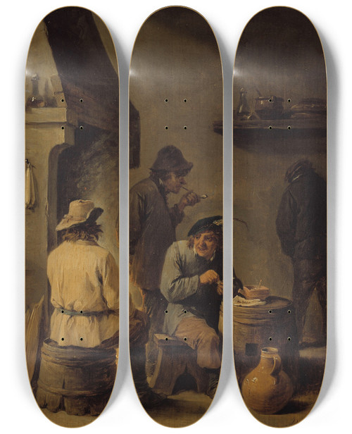Triptych art skateboard deck of David Teniers The Younger La Tabagie by David Teniers The Younger (1610-1690)