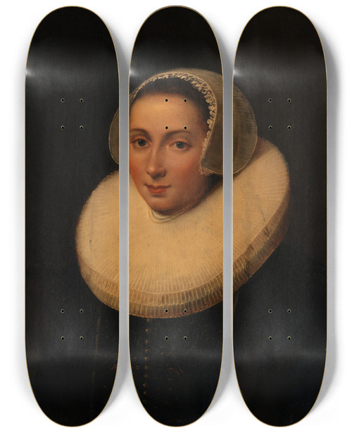 Triptych art skateboard deck of Johannes Paulus Moreelse Portrait Of A Lady_2 by Johannes Pauwelsz Moreelse (1603-1634)