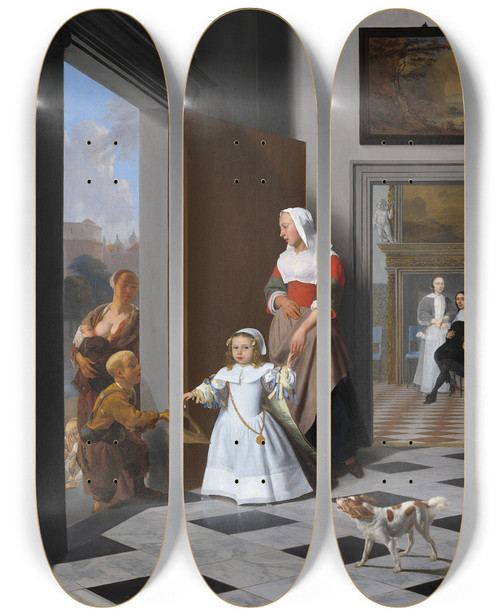 Triptych art skateboard deck of Jacob Ochtervelt A Nurse And A Child In An Elegant Foyer by Jacob Ochtervelt (1634-1682)