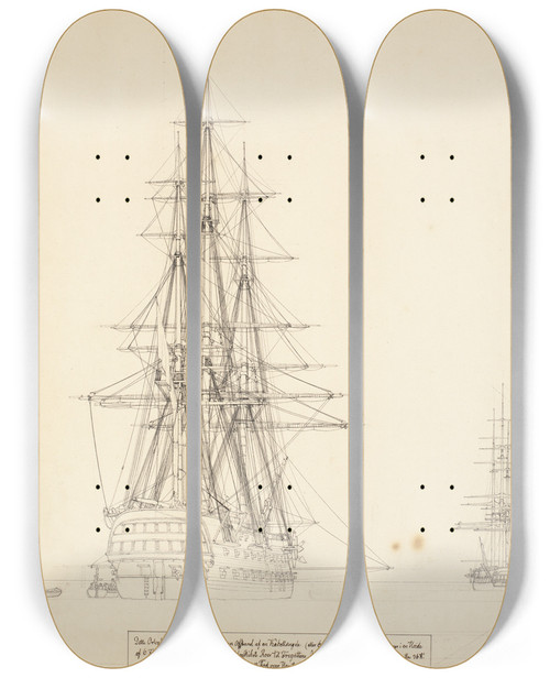 Triptych art skateboard deck of Christoffer Wilhelm Eckersberg Det Russiske Linjeskib Asow Og En Fregat Til Ankers by Christoffer Wilhelm Eckersberg (1783-1853)