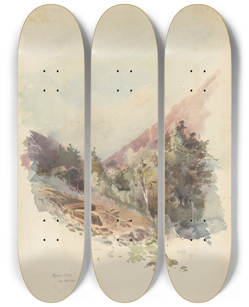 Triptych art skateboard deck of William Mathew Hodgkins Mount Cook An Afterglow Above The Mist by William Mathew Hodgkins (1833-1898)