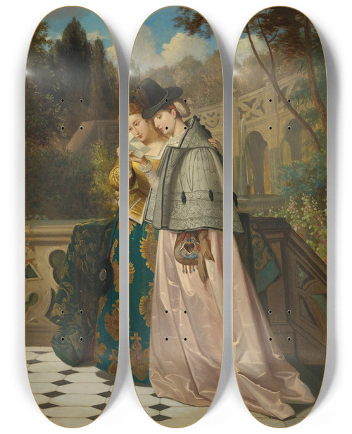 Triptych art skateboard deck of Florent Willems The Letter by Florent Willems (1823-1905)