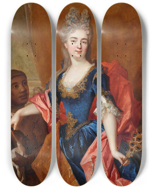 Triptych art skateboard deck of Nicolas De Largillire Portrait Of A Lady Holding A Peacock Feather Fan With Her Servant Holding A Dog by Nicolas de Largillire (1656-1746)