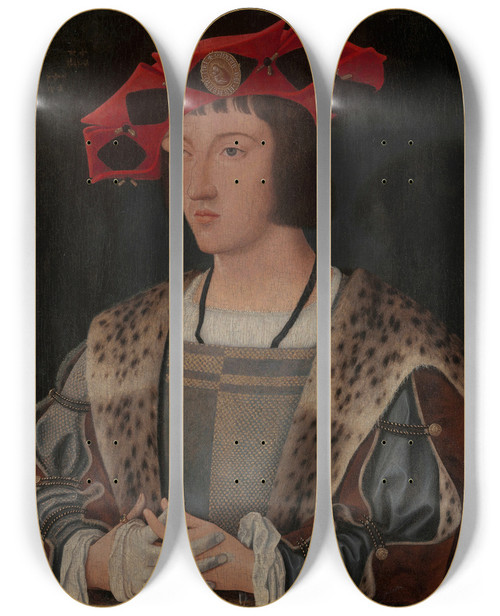 Triptych art skateboard deck of Jan Jansz Mostaert Portrait Of A Man Putting On A Glove by Jan Jansz Mostaert (1475-1552)