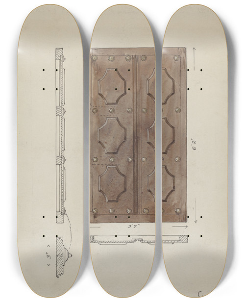 Triptych art skateboard deck of Geoffrey Holt Sacristy Door_1 by Geoffrey Holt (20-)