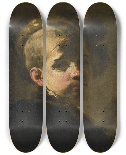 Triptych art skateboard deck of Luca Giordano Portrait Of A Boy In A Fur Hat by Luca Giordano (1634-1705)