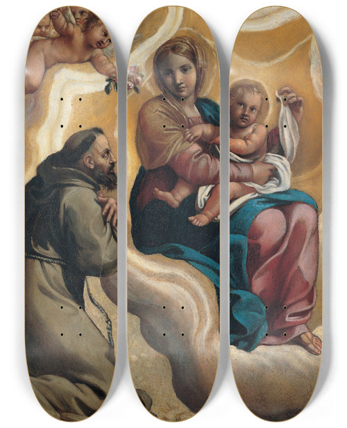 Triptych art skateboard deck of Antonio Carracci Madonna With The Child And Saint Francis by Antonio Carracci (1583-1618)