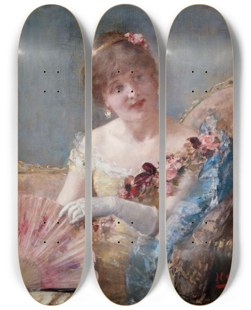 Triptych art skateboard deck of Henri Gervex Femme Lventail Portrait De Rjane by Henri Gervex (1852-1929)