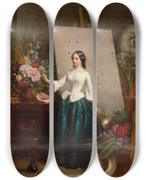 Triptych art skateboard deck of Jeanbaptisteantoineemile Branger Woman Flower Painter At The Easel Suzanneestelle Berangerapoil by Jean-Baptiste-Antoine-Emile Branger (1814-1883)