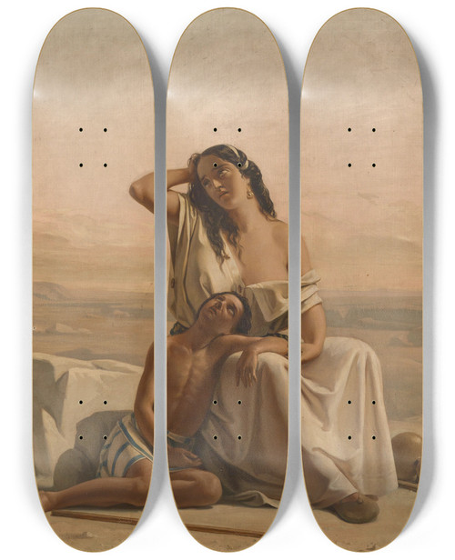 Triptych art skateboard deck of Luigi Alois Gillarduzzi Hagar And Ishmael In The Desert by Luigi Alois Gillarduzzi (1822)