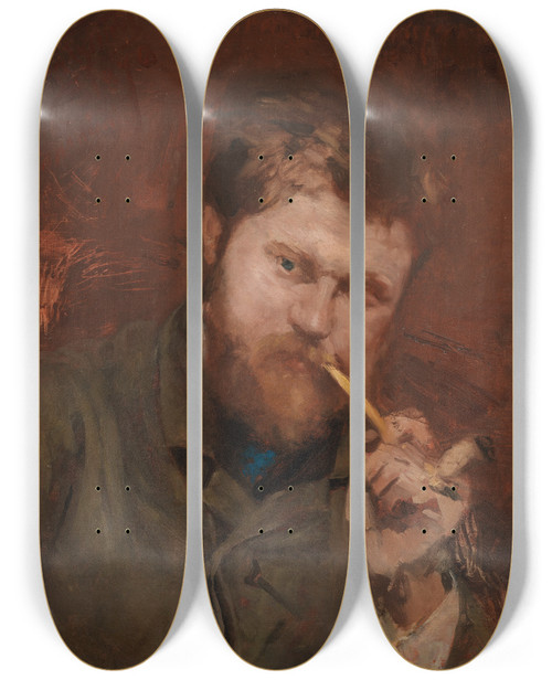 Triptych art skateboard deck of Alexandre Falguire Man Smoking A Pipe by Alexandre Falguiere (1831-1900)