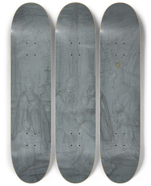 Triptych art skateboard deck of Eustache Le Sueur Ordination Of A Bishop by Eustache Le Sueur (1616-1655)