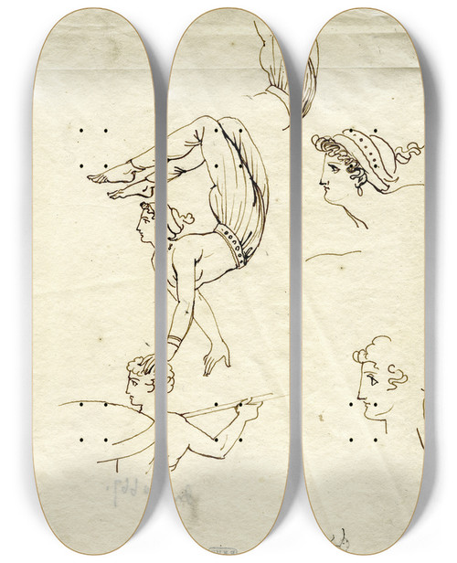 Triptych art skateboard deck of David Humbert De Superville Female Acrobate Balancing On The Head Of A Warrior After A Greek Vase by David Humbert De Superville (1770-1849)