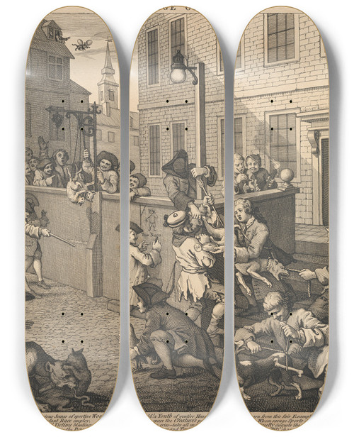 Triptych art skateboard deck of William Hogarth The First Stage Of Cruelty First Children Torturing Animals by William Hogarth (1697-1764)