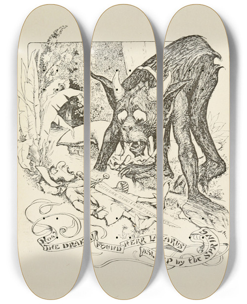 Triptych art skateboard deck of Henry Justice Ford How The Draken Found Herr Lazarus Asleep By The Spring by Henry Justice Ford (1860-1941)