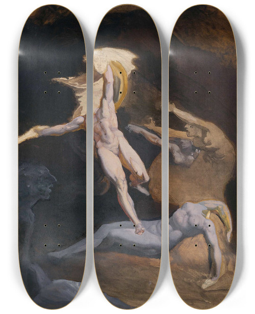 Triptych art skateboard deck of Henry Fuseli Perseus Starting From The Cave Of The Gorgons by Henry Fuseli (1741-1825)
