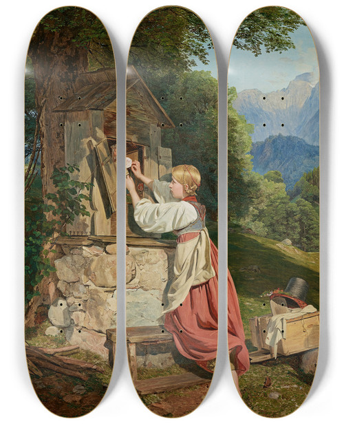 Triptych art skateboard deck of Ferdinand Georg Waldmller Ein Mdchen Schmckt Die Mutter Gottes Mit Einer Rose by Ferdinand Georg Waldmuller (1793-1865)