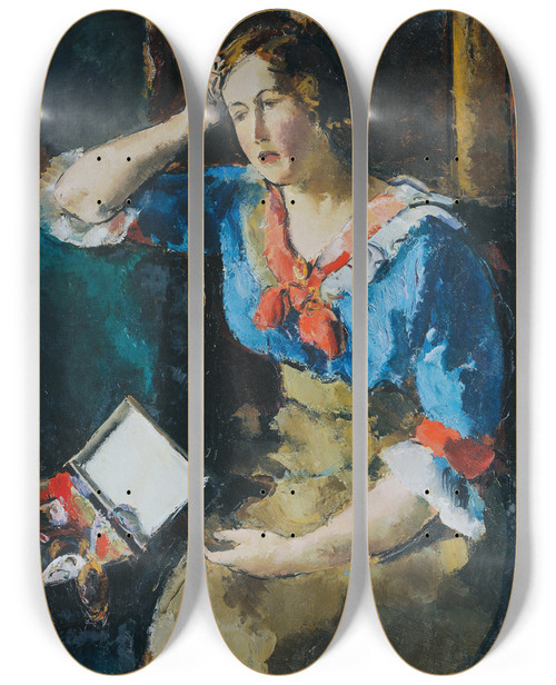 Triptych art skateboard deck of Anton Faistauer Sitzende Dame In Blauer Bluse by Anton Faistauer (1887-1930)