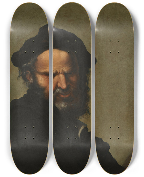 Triptych art skateboard deck of Salvator Rosa Head Of A Philosopher by Salvator Rosa (1615-1673)
