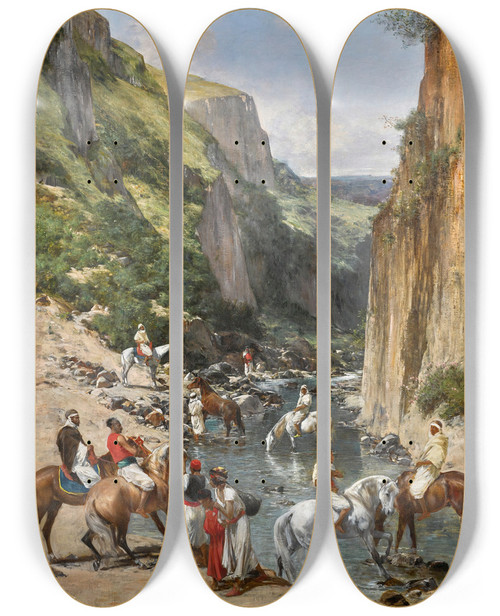Triptych art skateboard deck of Victor Huguet Riders In A Ravine by Victor Huguet (1835-1902)