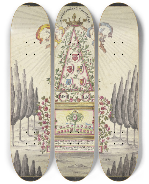 Triptych art skateboard deck of Johann Esaias Nilson Allegorische Darstellung Pyramide Mit Einem Altar by Johann Esaias Nilson (1721-1788)