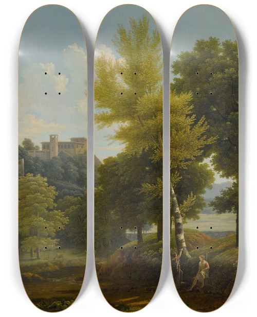 Triptych art skateboard deck of Jeanvictor Bertin View Of A Brook In The Countryside A Castle In The Hillside Above With Pris And Oenone In The Foreground by Jean Victor Bertin (1767-1842)