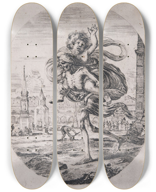 Triptych art skateboard deck of Stefano Della Bella Death Carrying A Child by Stefano Della Bella (1610-1664)