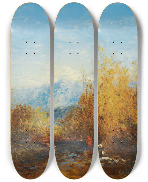Triptych art skateboard deck of Flix Ziem A Group Of People In A Moutain Landscape by Felix Ziem (1821-1911)