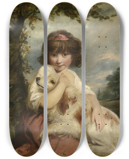 Triptych art skateboard deck of Sir Joshua Reynolds A Young Girl And Her Dog by Sir Joshua Reynolds (1723-1792)