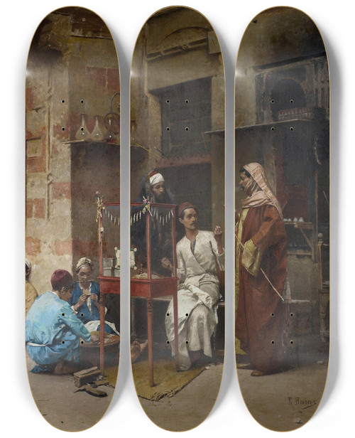 Triptych art skateboard deck of Raphael Von Ambros The Tobacco Seller Cairo by Raphael Von Ambros (1855-1895)