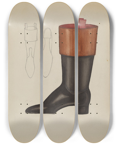 Triptych art skateboard deck of Dorothy Gernon Riding Boot by Dorothy Gernon