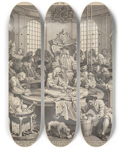 Triptych art skateboard deck of William Hogarth The Four Stages Of Cruelty The Reward Of Cruelty Anatomy Theatre by William Hogarth (1697-1764)