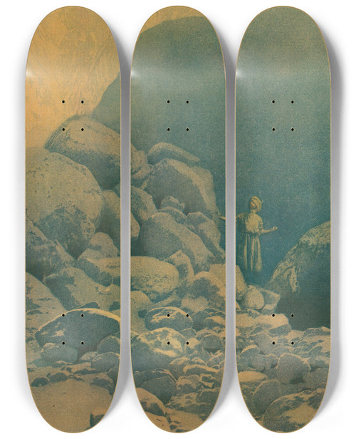 Triptych art skateboard deck of Maxfield Parrish The Valley Of Diamonds by Maxfield Parrish (1870-1966)