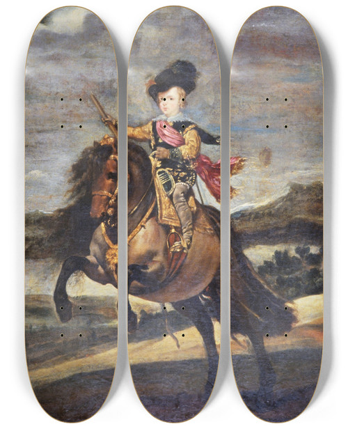 Triptych art skateboard deck of Diego Velzquez The Infante Baltasar Carlos On Horseback by Diego Velazquez (1599-1660)