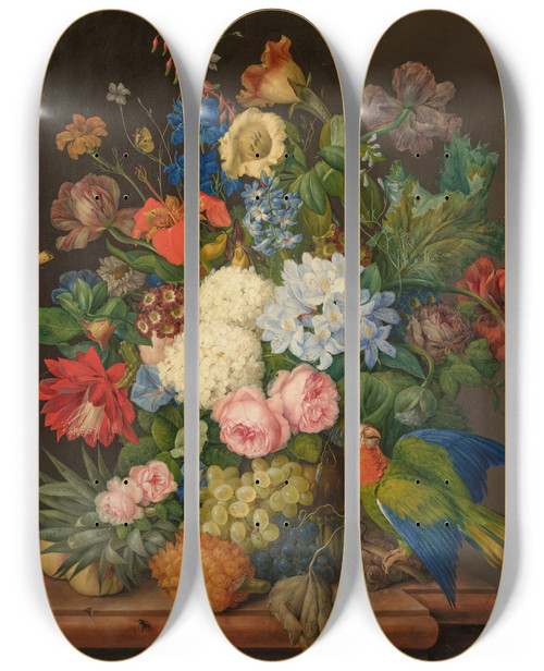 Triptych art skateboard deck of Franz Xaver Petter Viburnum Oculus Roses Plumbago Primula Auricula Hemerocallis Companula Chinadoxia And Epiphyllum On A Ledge With A Pineapple And A Parrot by Franz Xaver Petter (1791-1866)