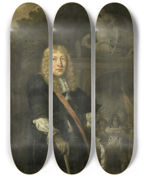 Triptych art skateboard deck of Domenicus Van Tol Portrait Of An Officer Of The Leiden Civic Guard In Front Of The Gate Of The Headquarters Of The St George Guards by Domenicus Van Tol (1635-1676)